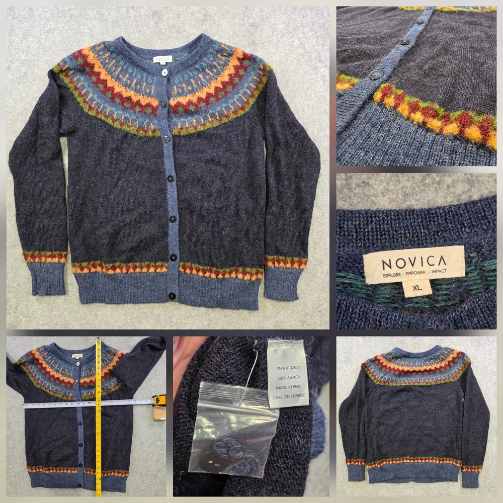 Novica Sweater Womens XL Blue 100% Alpaca Fair Isle Button Cardigan Knit Peru